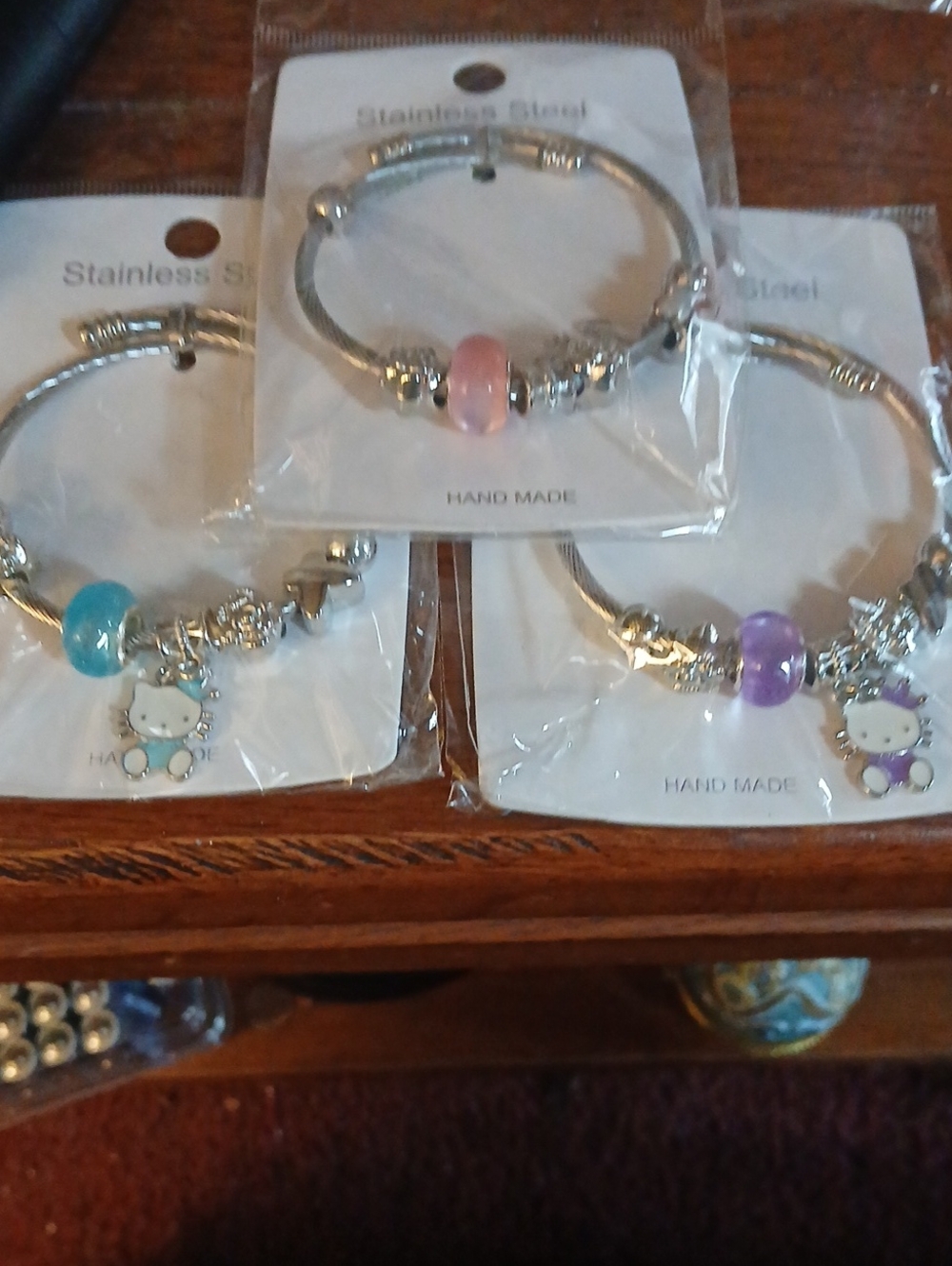 Hello Kitty Stainless Steel Charm Bracelet with Pink,blue & Purple Bead